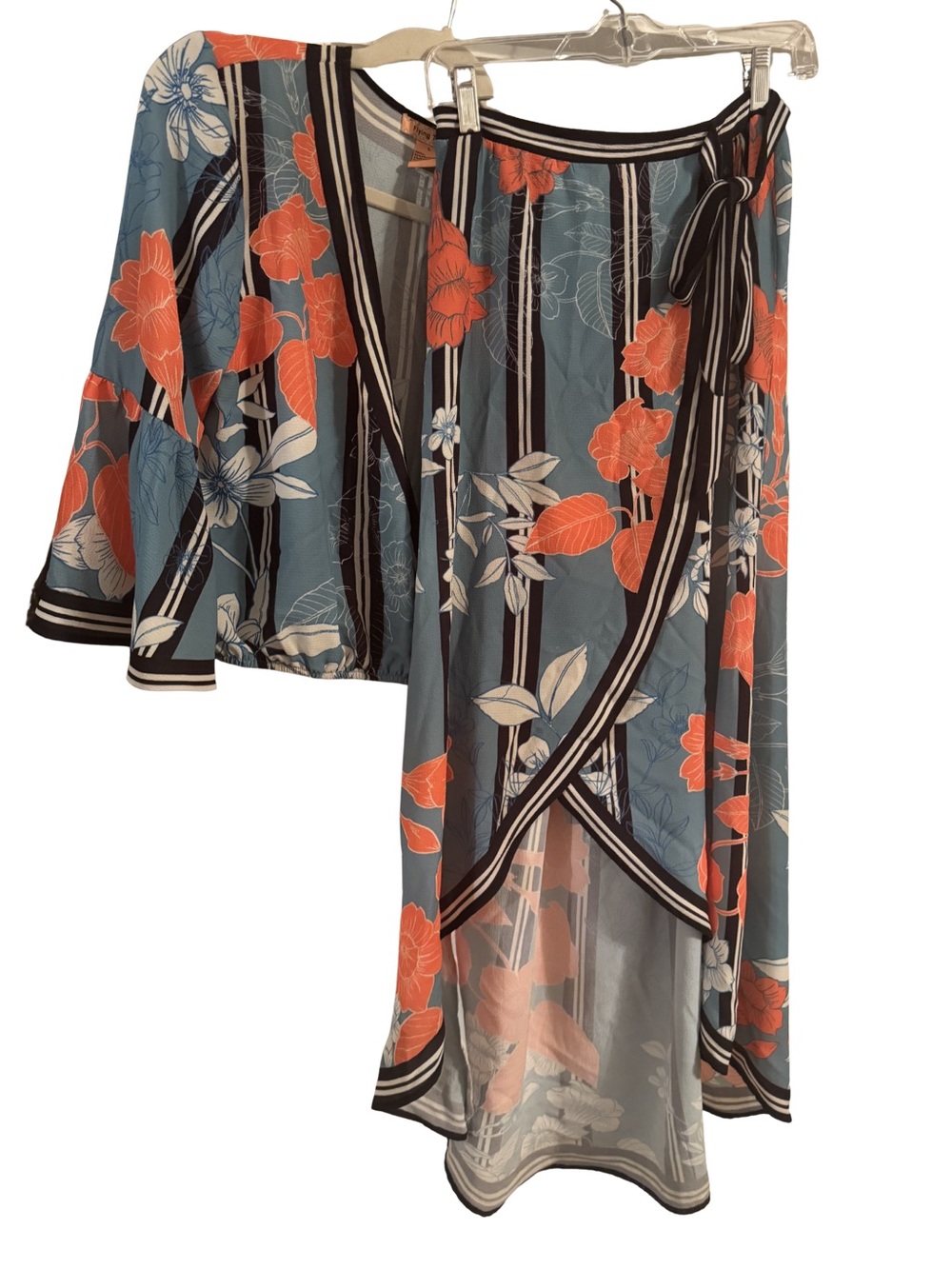 Flying Tomato Floral Wrap Skirt Set - Slate Blue & Coral - Picture 2 of 5